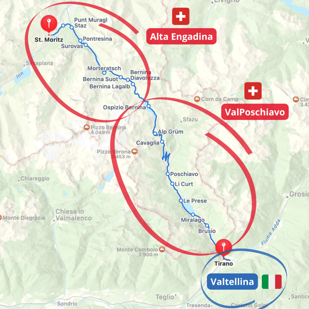Il percorso del Trenino del Bernina e tutte le fermate Il percorso del Trenino del Bernina e tutte le fermate